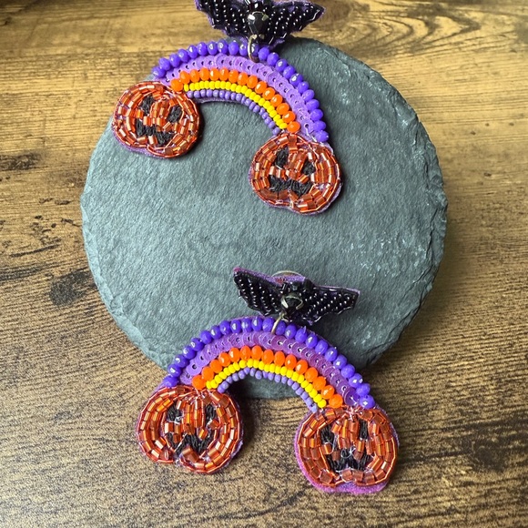 Halloween Beaded Rainbow Earrings with Pumpkins and Bats, Fall Fashion - Picture 1 of 4